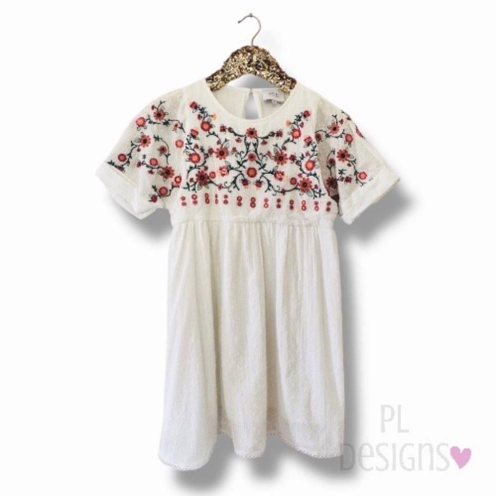 J.O.A. White Swiss Dot Cotton Boho Floral Embroidered Baby Doll Tunic Top